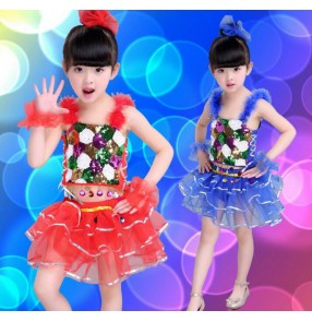 Red royal blue yellow gold sequined girl kids child children school play stage performance jazz dance costumes hip hop dance costumes